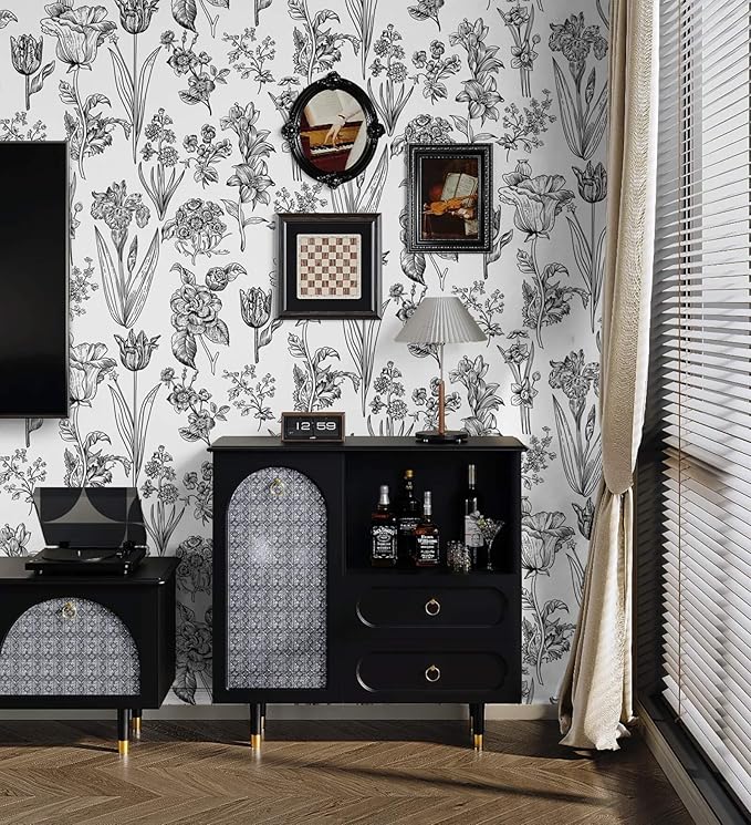 Dimoon 393"x17.3" Floral Peel and Stick Wallpaper White Contact Paper Waterproof Black Lines Wallpaper Vintage Flower Thicken Plant Self Adhesive Removable Wall Covering Shelf Liner Decal Vinyl Roll