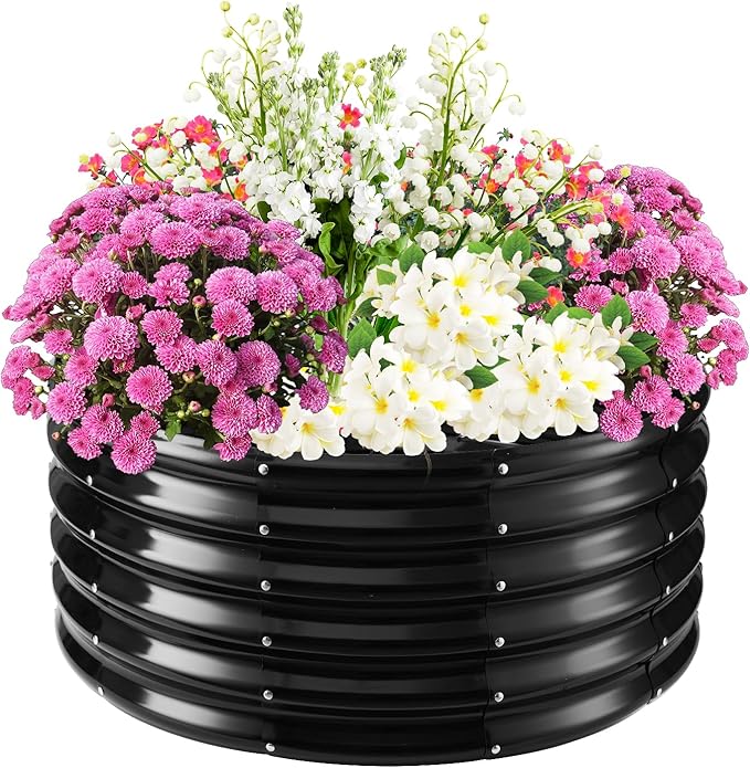 17" Tall Elevated Round Metal Rised Garden Bed- 2.7'x2.7' in Size and 0.8MM Thick Durable Planter Box for Vegetables Flowers Succulent at Patio/Garden Outdoor (Black, 2.7FT Diameter)
