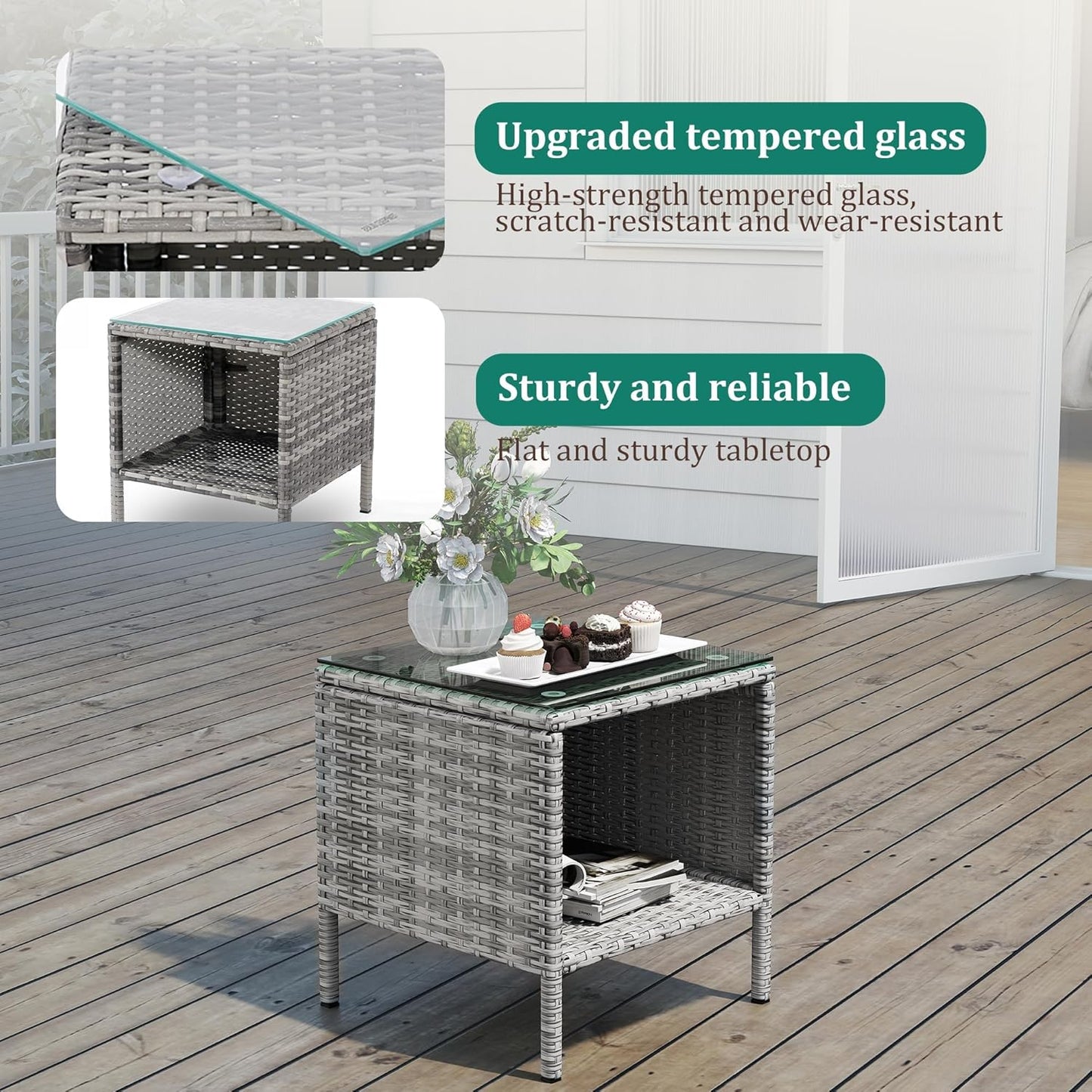 3 Piece Patio Furniture Set - Outdoor Conversation Sets with Coffee Table, Rattan Chair Set for Garden/Poolside, Grey/Navy Blue