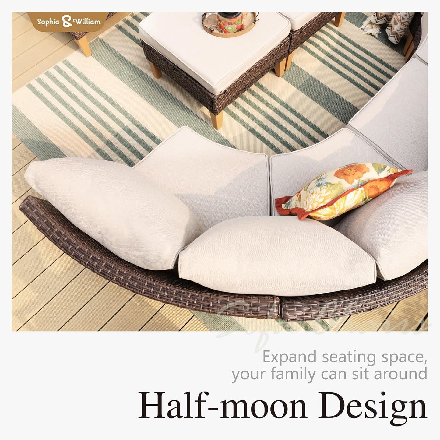 Sophia & William Patio Furniture Set with Fire Pit Table, 11 Piece Half Moon Outdoor Wicker Sectional Sofa Set, Curved Rattan Conversation Set with 56-Inch Fire Pit Table(Beige)