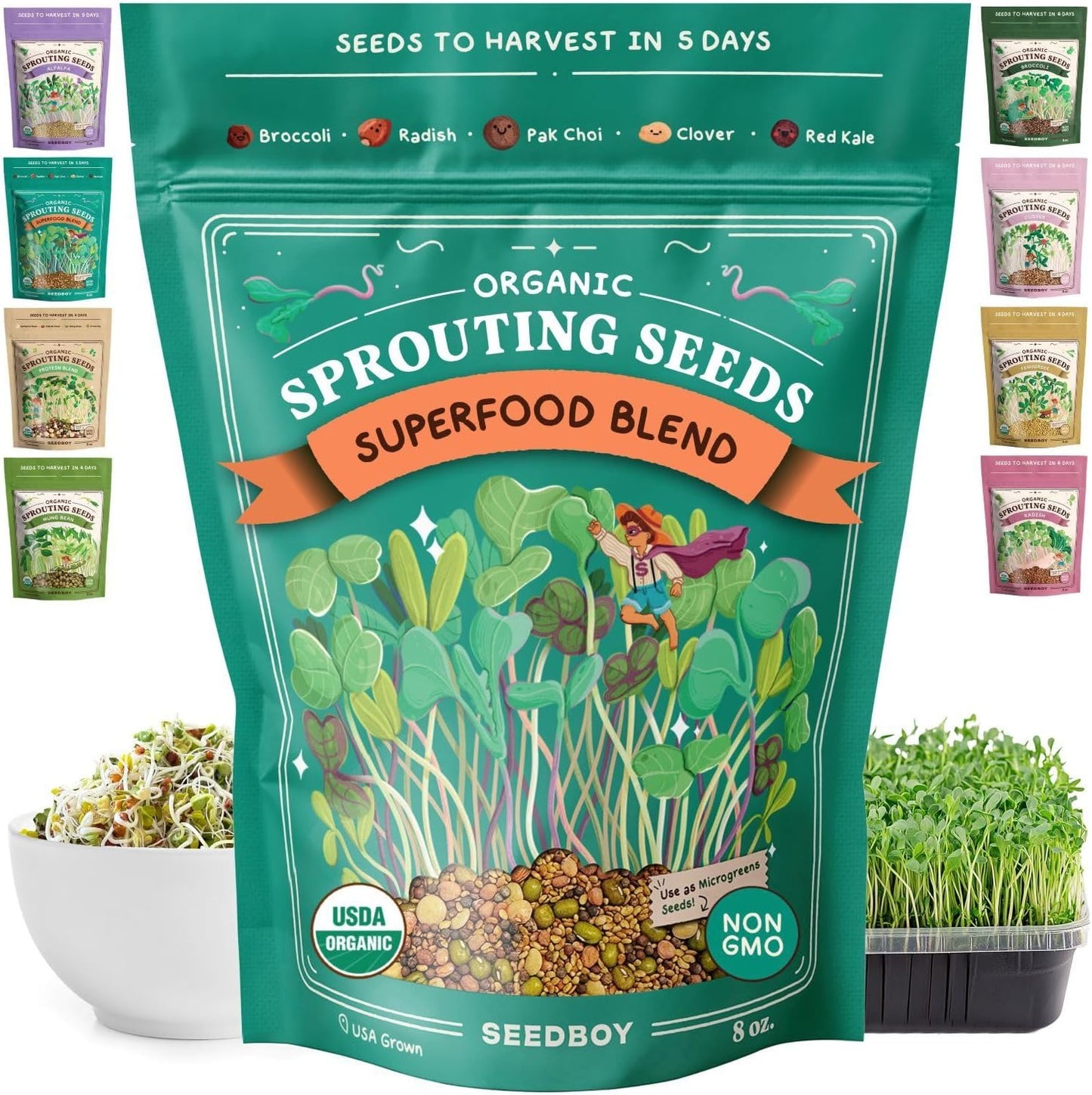Seedboy Organic Sprouting Seeds - Superfood Blend - Non-GMO, USA Grown Microgreens Mix - Broccoli, Radish, Pak Choi, Clover, Red Kale - Makes 8 Quarts of Sprouts, 24 Servings (8 oz) (Superfood Blend)