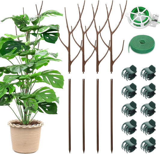 4 Pack 27.56" Detachable Twig Plant Support Stakes Set, Blends in to Plant, Branch Plant Sticks with Orchid Clips Twist Plant Ties, Twig Trellis for Indoor Outdoor Plants Potted Plants Flower
