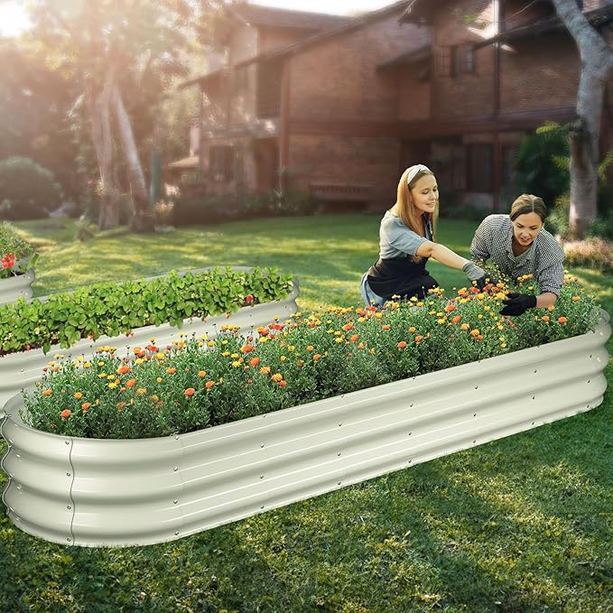 Raised Garden Bed Kit, 8x2x1 ft Galvanized Planter Box Outdoor, Oval Large Metal Raised Beds for Gardening Vegetables Flower Herb (Pearl White)