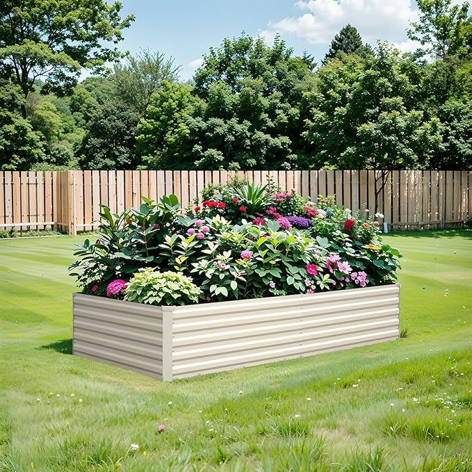 Raised Garden Bed 8×4×1.5FT, Galvanized Raised Garden Beds Outdoor for Vegetables Flowers Herbs, Large Deep Root Planter Box, Tall Raised Garden Bed with 3ftx30ft Weed Barrier Fabric, Beige