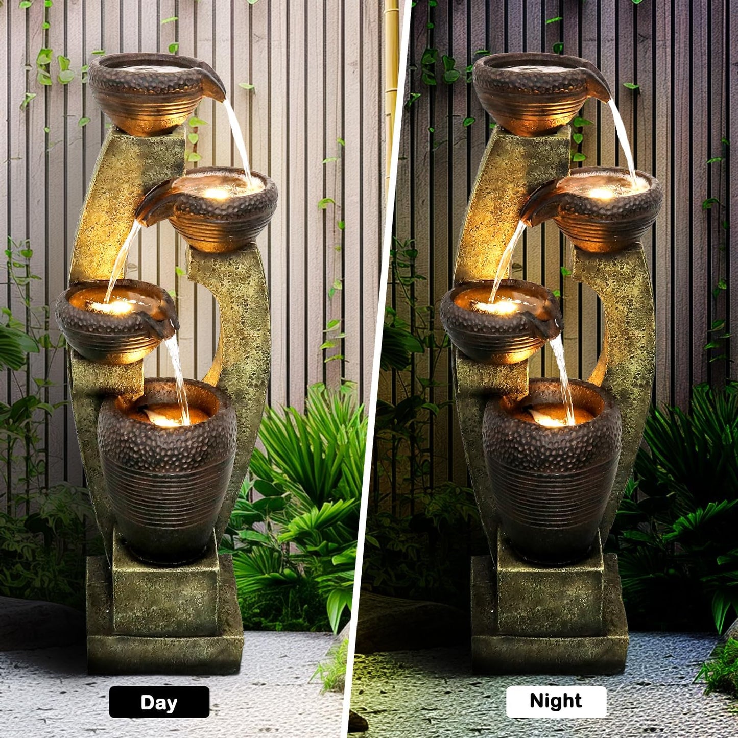 Naturefalls 40” H Modern Outdoor Fountain - 4 Crocks Outdoor Garden Fountains with Contemporary Design&LED Light for Garden, Patio, Deck, Porch, Backyard and Home Art Decor (40in, Light Gray)