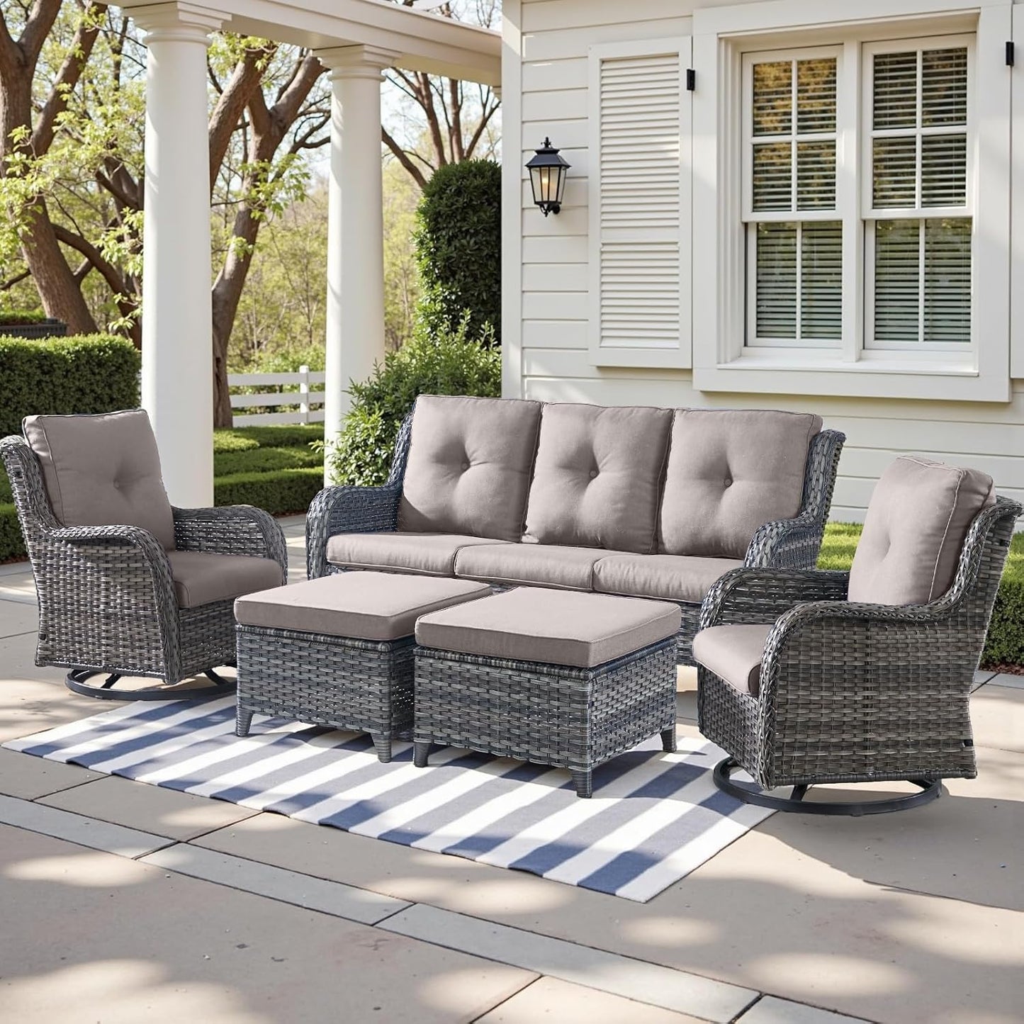 Outdoor Wicker Patio Furniture Set - 5 Piece Rattan Patio Conversation Set with 2 Rocking Swivel Chairs,2 Ottomans and 1 Sofa for Porch Deck Backyard Garden(Mixed Grey/Grey)