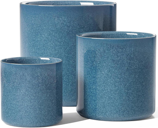 LE TAUCI Ceramic Plant Pots Indoor, 10+8+6 Inch Planters for Indoor Plants, Mid-Century Modern Flower Pots with Drainage Hole and Plug, Cylinder Round Planters, Set of 3, Reactive Glaze Blue