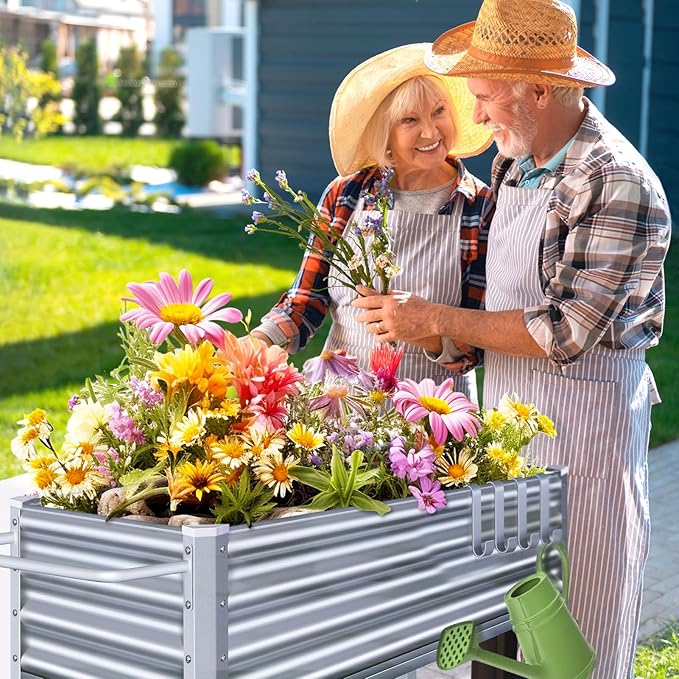 Galvanized Raised Garden Bed with Legs, Metal Raised Planter Box with Drainage Holes Outdoor Elevated Garden Bed on Wheels for Backyard, Patio, Balcony