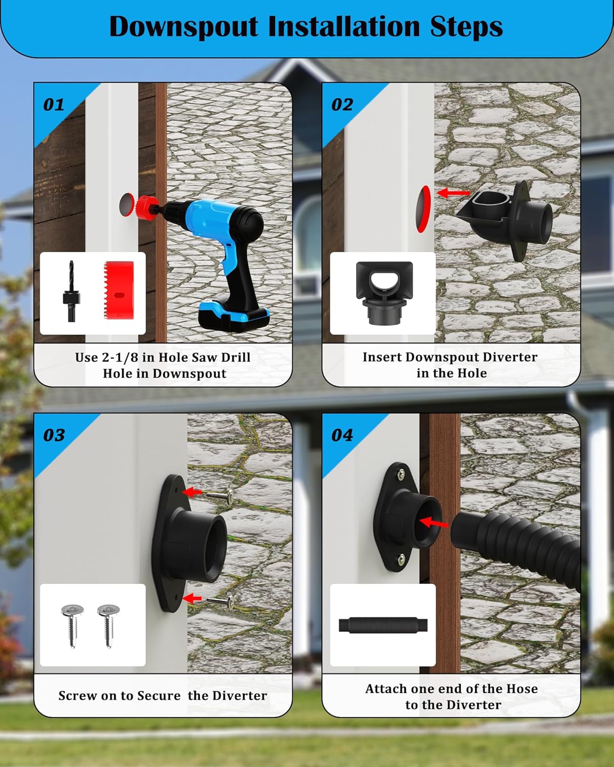 Rain Barrel Diverter Kit, Rain Barrel Downspout Spigot Diverter Kit for Rectangular Downspouts, Include Spigot and Diverter kit, Easily Turn Containers into Rain Barrels (with Hole Saw Set)