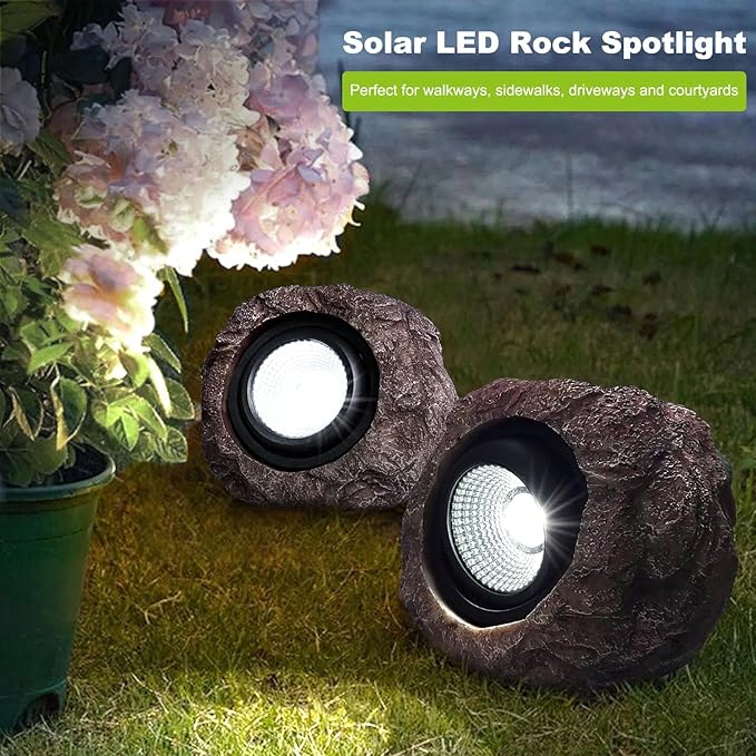 Solar Rock Lights, 4 Pack Solar Powered Waterproof LED Spotlights Decorative for Outdoor Garden, Pathway, Walkway, Yard, Landscape, Patio (Cool White)
