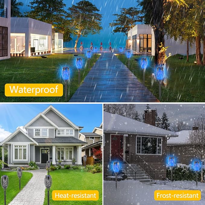 EOYIZW Solar Lights Outdoor, 8 Pack Blue Solar Torch Light with Flickering Flame, 12 LED Tiki Torches for Outside Lights Waterproof Landscape Decoration Outdoor for Garden Yard Patio