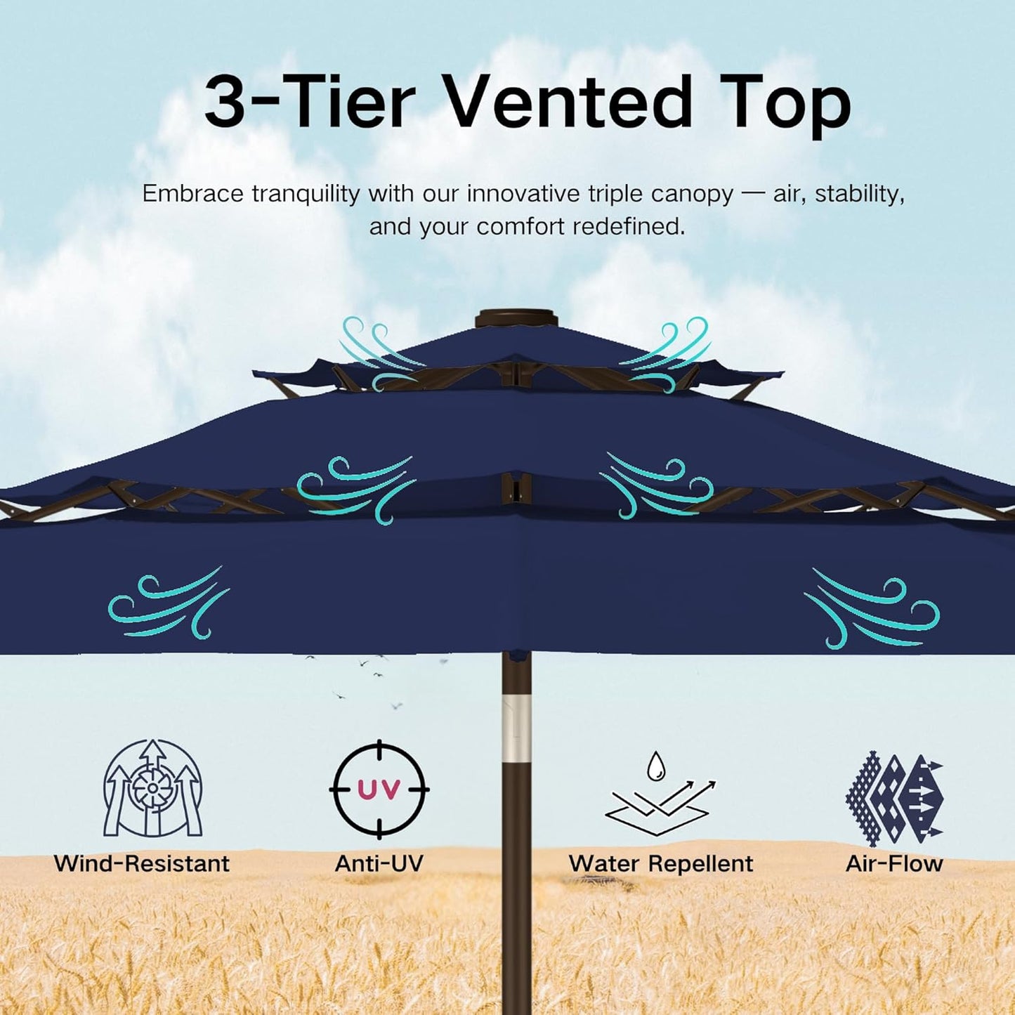 Kingdura 9ft 3-Tier Patio Umbrella with Solar Lights, Table Umbrella Outdoor Patio with Easy Crank & Tilt, 8 Sturdy Ribs, UV Protection, 32 LED Lights for Deck, Poolside, Market (Navy blue)