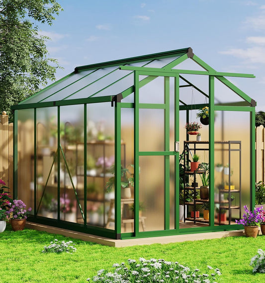 Garvee 6x8 ft Greenhouse - Aluminum Greenhouses for Outdoors, Large Polycarbonate Greenhouse with Roof Vent, Heavy Duty Walk-in Green Houses for Outside Garden, Backyard, Patio, Lawn, Easy Assembly
