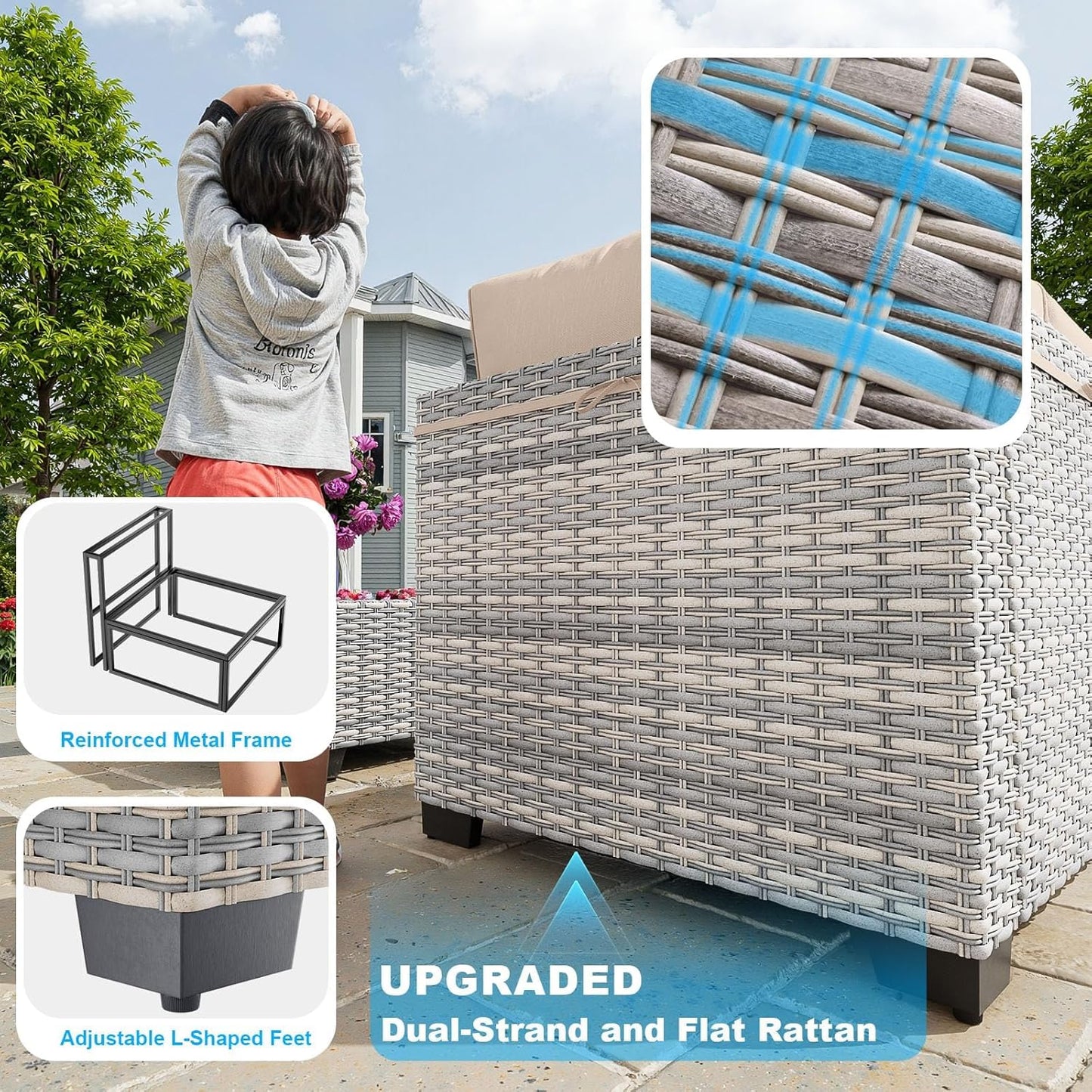 9-Piece Patio Furniture Set, Outdoor with Ottomans, Modular Patio Sofa, Dual-Strand Wicker Rattan, Rust-Resistant Frame, Backyard Furniture for Garden, Deck, Sand