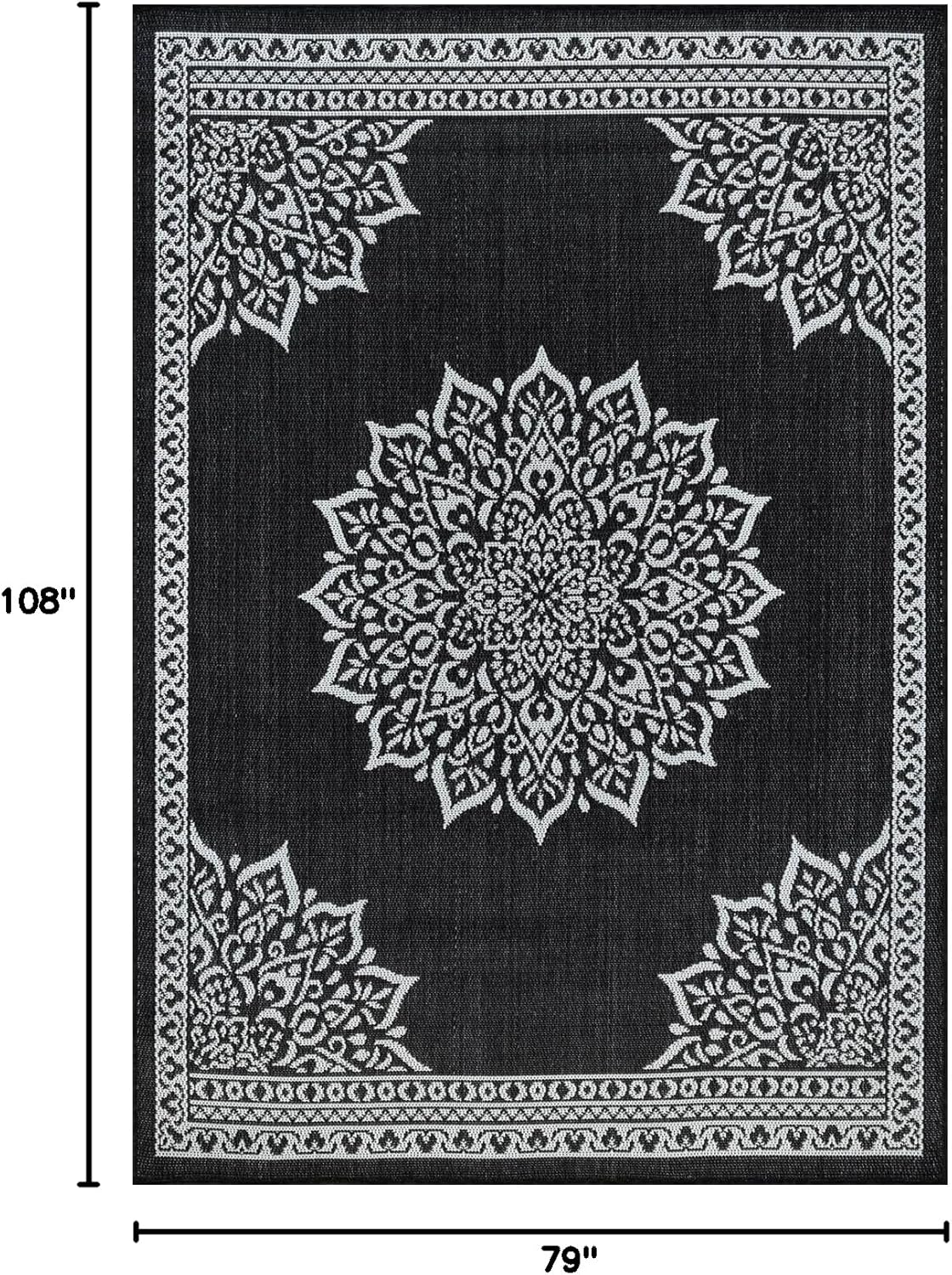 CAMILSON Outdoor Rug, 6x9 Medallion Black White Modern Area Rugs for Indoor and Outdoor Patios, Kitchen and Hallway Mats, Washable Porch Deck Outside Carpet (Medallion Black, 6 x 9)