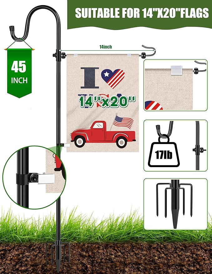 Garden Flag Holder Stand with Shepherd Hook for 14'' x 20'' Flags Upgraded Flagole with 2 Spring Stoppers and 1 Clip, Yard Garden Flag Holder for Flags Weather-Proof (Without Solar Lights & Flag)