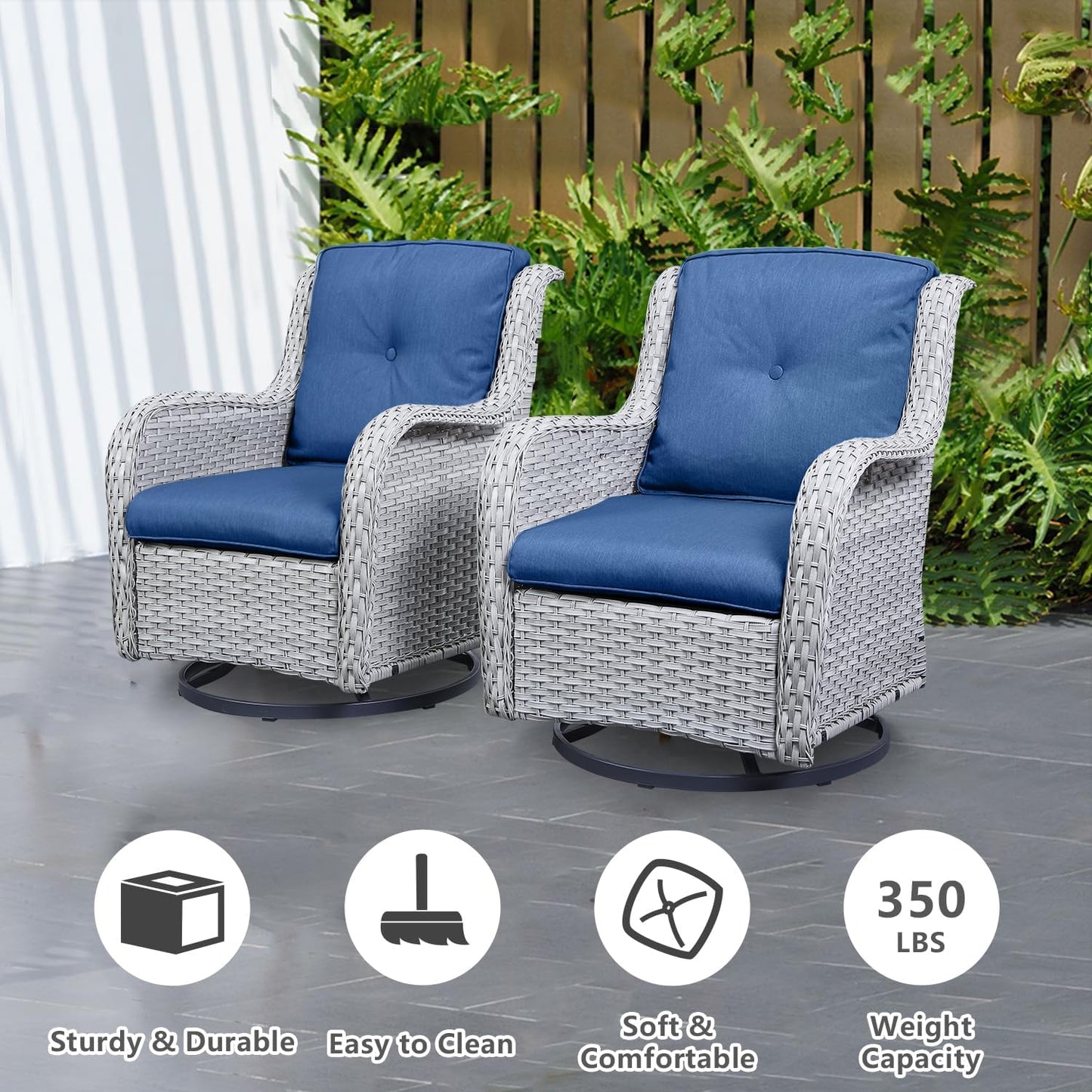 Wicker Patio Furniture Sets - 8 Piece Outdoor Rattan Furniture Conversation Sets with 4 Swivel Rocker Chairs, Rattan Sofa, Wicker Ottomans and Coffee Table, Light Grey/Blue
