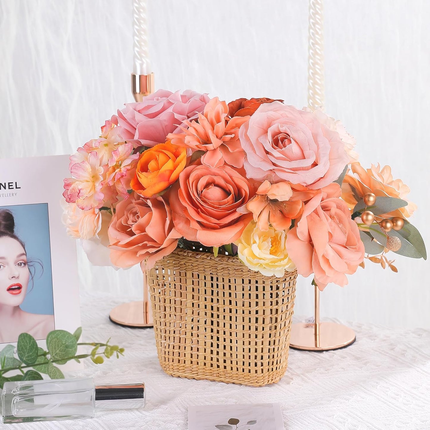 AGIRL Rose Artificial Flowers Combo Fake Flowers Rose Silk Flowers with Stems for DIY Wedding Bouquets Centerpieces Arrangements Table Decor Bridal Baby Shower Party Home Fall Decor (Champagne)