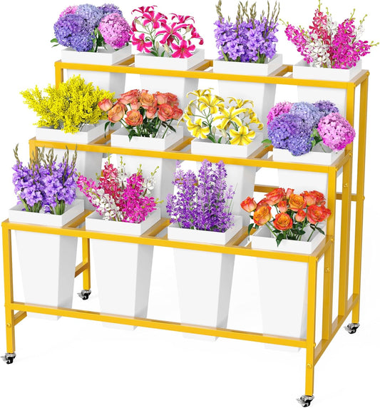 Putros Flower Display Stand with 12 Buckets Gold 3 Layers Metal Floral Cart with Wheels Moving Florist Bouquet Bar Plant Shelf for Indoor Outdoor Patio Garden Party Decor