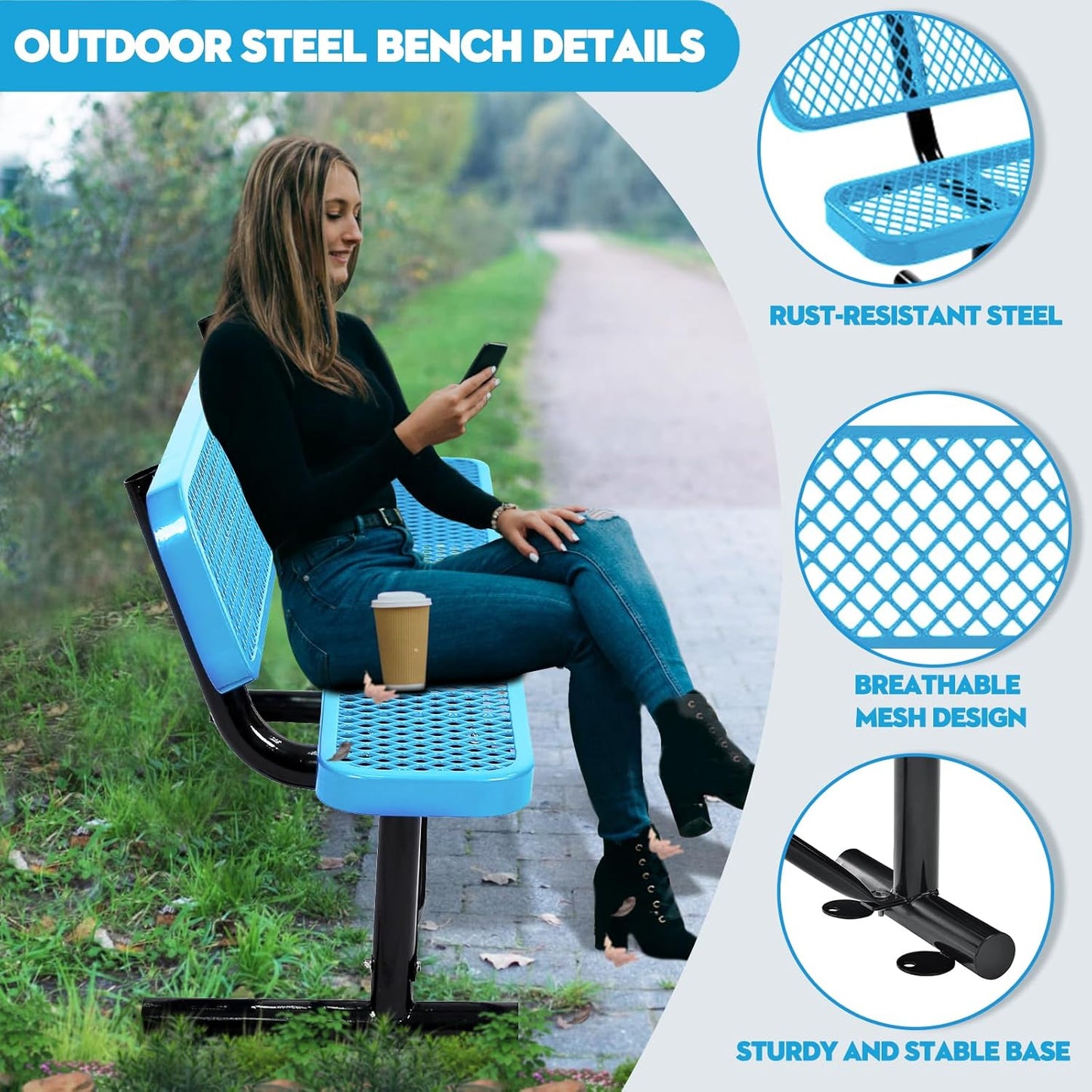 Thermoplastic Coated Iron Park Bench for Outside, Heavy Duty Metal Garden Bench, Expanded Commercial Grade Seating for Shopping Malls, Lawn Yard Porch Entryway (Blue with Backrest, 72IN)