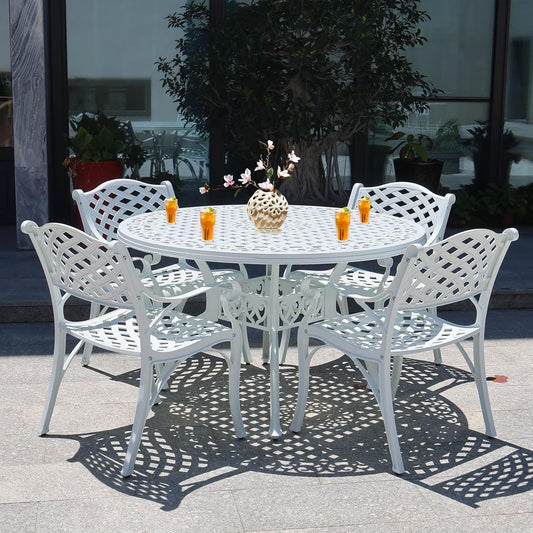 5 Piece Patio Dining Set Outdoor Patio Round Table and Chairs Set of 4 with Umbrella Hole,Cast Aluminum White Outdoor Bistro Dining Set, Patio Furniture Set for Garden,White