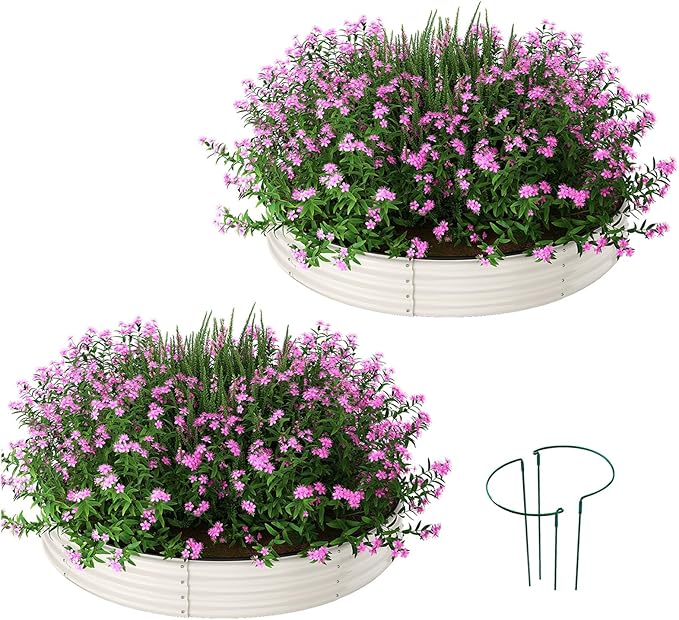 Galvanized Metal Planter Round Raised Garden Bed Kit for Gardening Outdoor，3x3x1ft 2PC Grow Garden Box Raised Flower Bed，Round Galvanized Planter Outdoor Large Metal Fire Pit Ring White