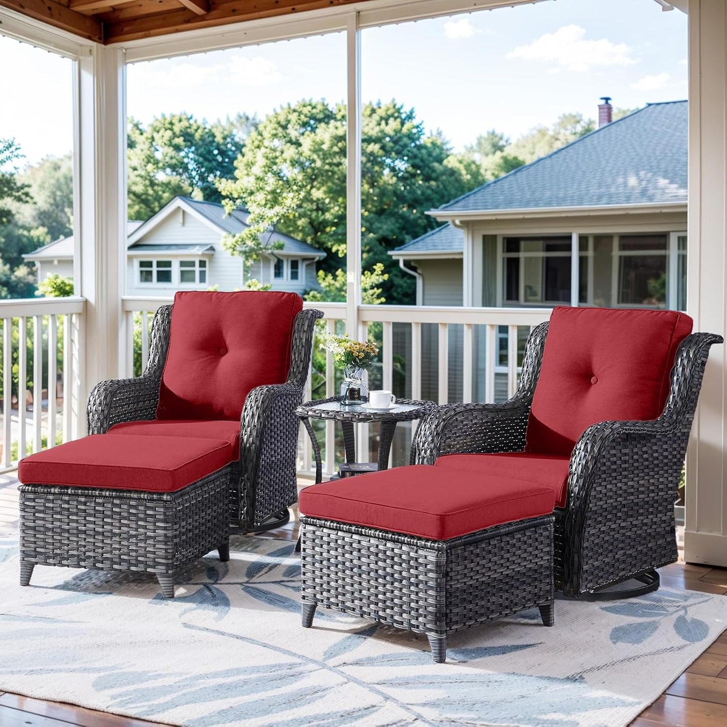 5 Pieces Patio Furniture Sets Wicker Outdoor Furniture, Rattan Patio Swivel Glider Chairs with 2 Ottoman and Glass Side Table