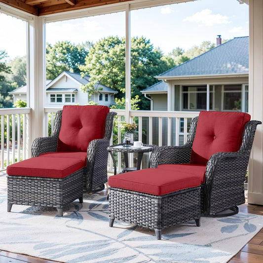 5 Pieces Patio Furniture Sets Wicker Outdoor Furniture, Rattan Patio Swivel Glider Chairs with 2 Ottoman and Glass Side Table