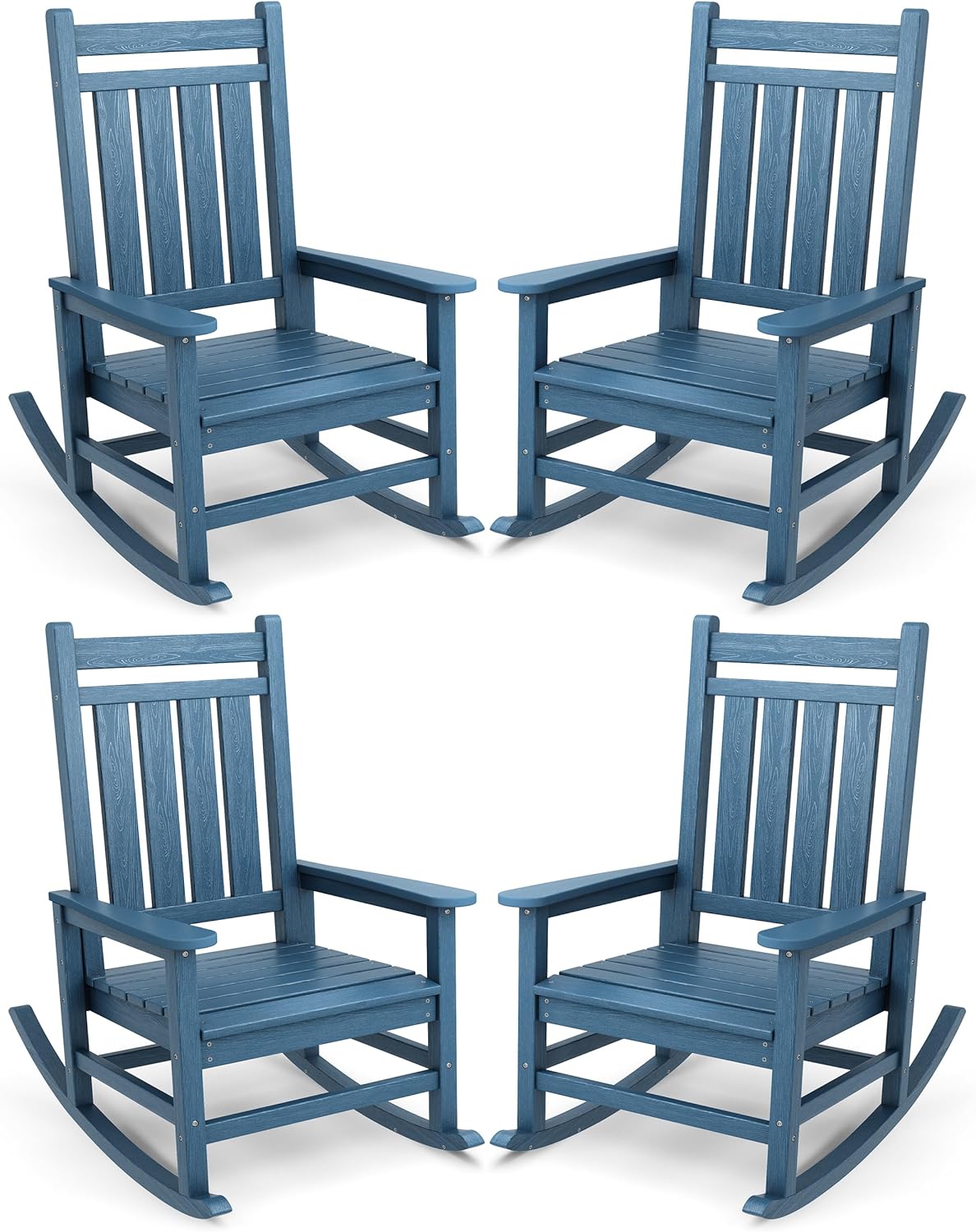 SERWALL Oversized Outdoor Rocking Chair Set of 4, HDPE Rocker for Adults, Patio Rocking Chairs for Porch, Blue
