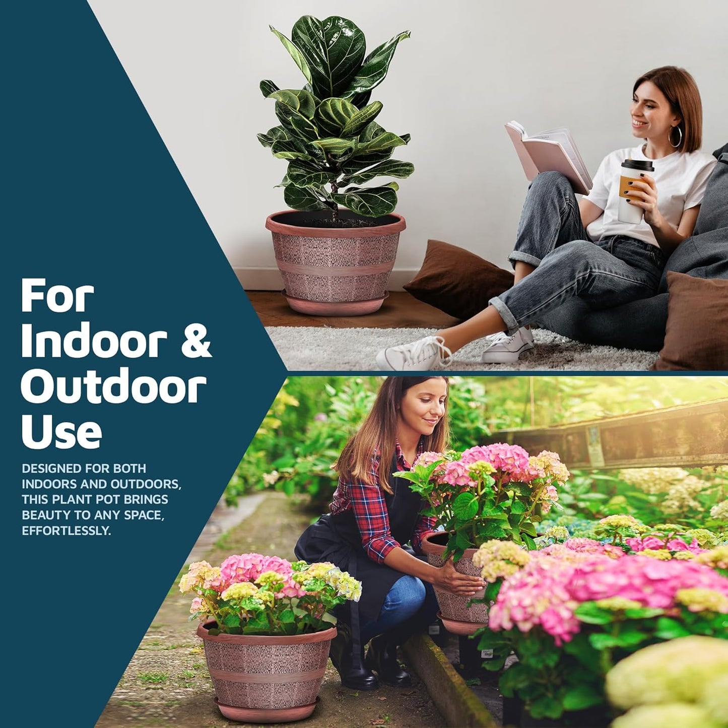 10-Inch Whiskey Barrel Planters Outdoor Pack of 10 - Durable Plastic Plant Pots for Indoor & Outdoor Use with Drainage & Saucer, Lightweight Rustic Barrel Planters for Flowers, Herbs & Small Plants