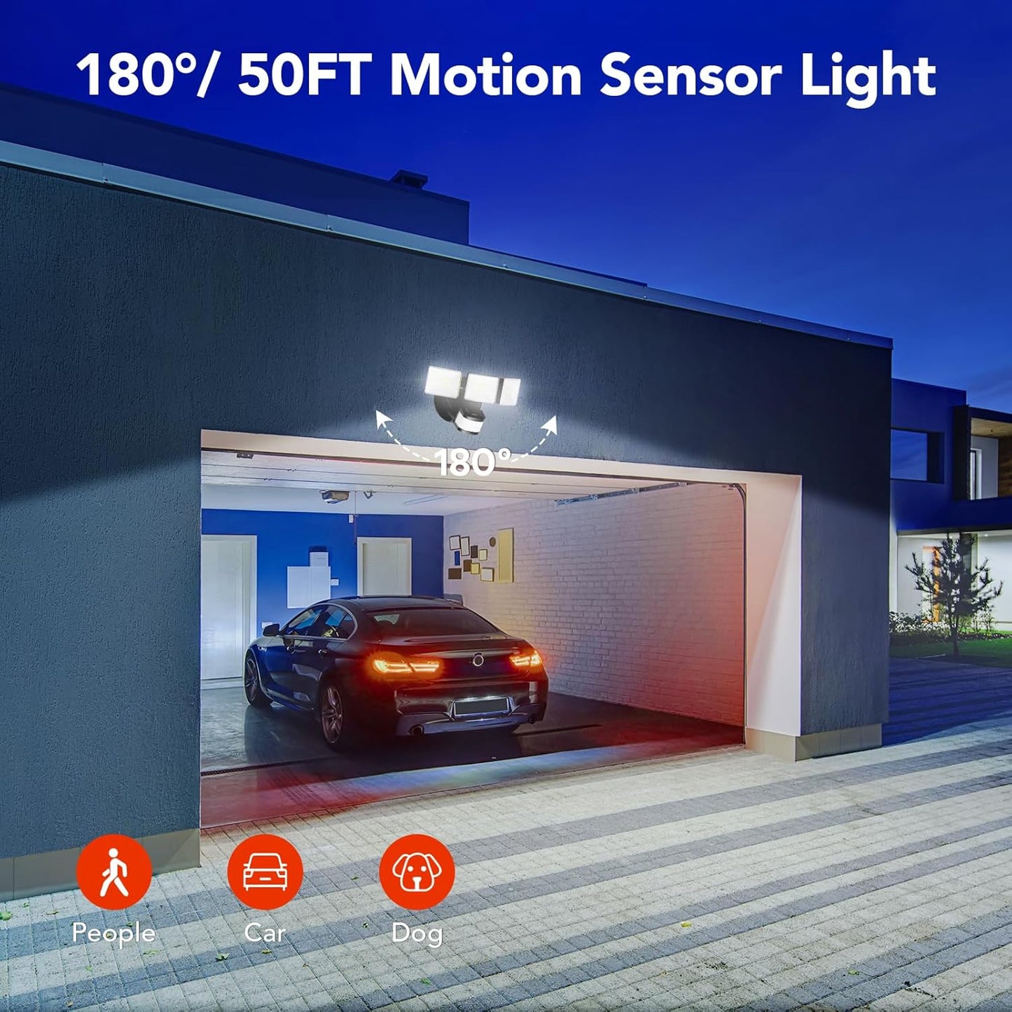 OREiN 4500LM/30W Flood Lights Outdoor, 180°/50FT Motion Sensor Outdoor Lights 3 Modes Dusk to Dawn IP65 Waterproof LED Security Light for 4500SQ.FT Area for Yard Garden, Black (Hardwired)