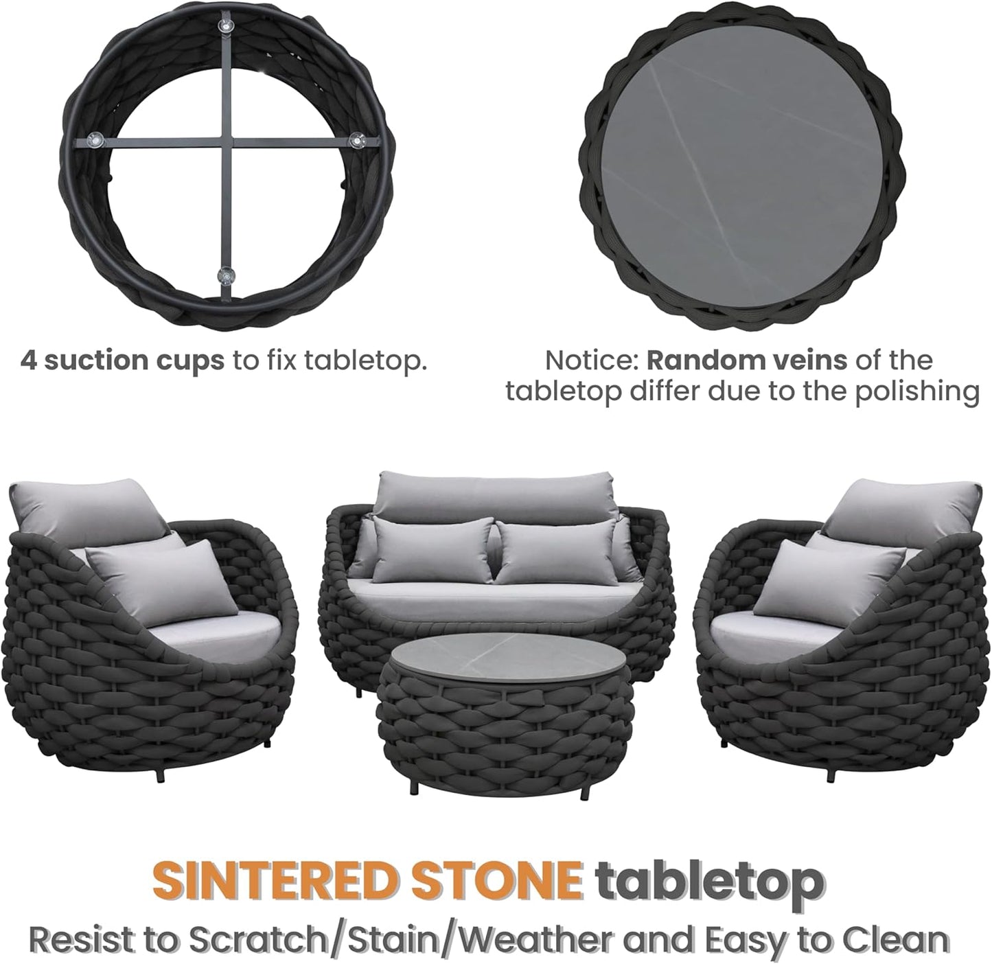 4 Pieces Assembled Patio Conversation Sets, Aluminum Outdoor Furniture Sofa Set - Modern Cushioned Set Hand Woven Rope Couch Armchair Set for 4 - All Weather for Indoor Deck Porch Backyard Hotel