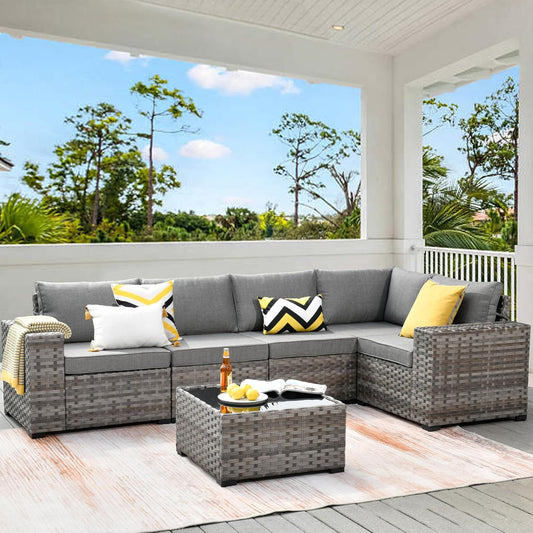 HOOOWOOO Modular Patio Outdoor Sectional Furniture Set,6 Piece Wicker Conversation Sofa Set,Out Door Couch Set with Wide Arm for Outside All Weather(Dark Grey)