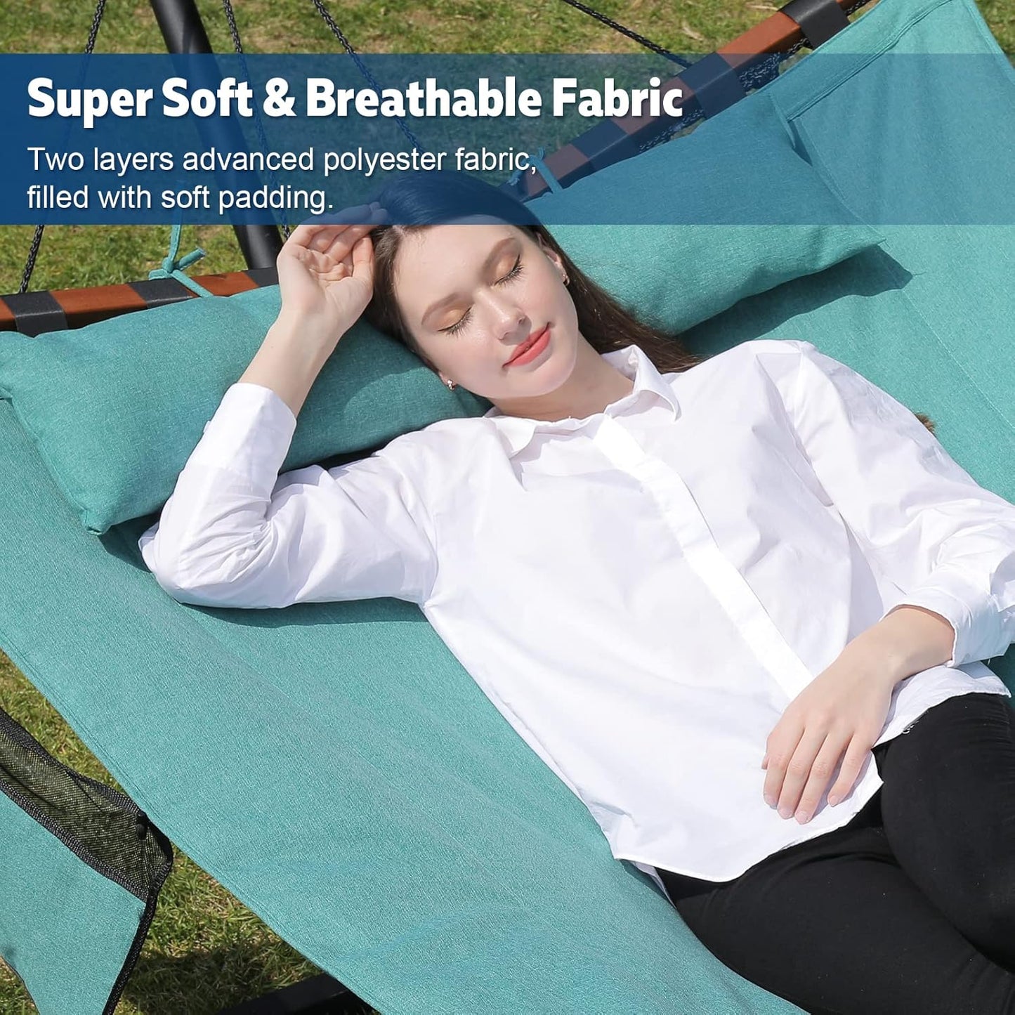 TegerDeger 12FT 2 Person Hammock with Stand Included 55 x 79IN Large Hammock 450LB Capacity with Hardwood Spreader Bar & Nylon Rope for Outside, Patio, Garden, Backyard, Beach, Poolside - Lake Blue