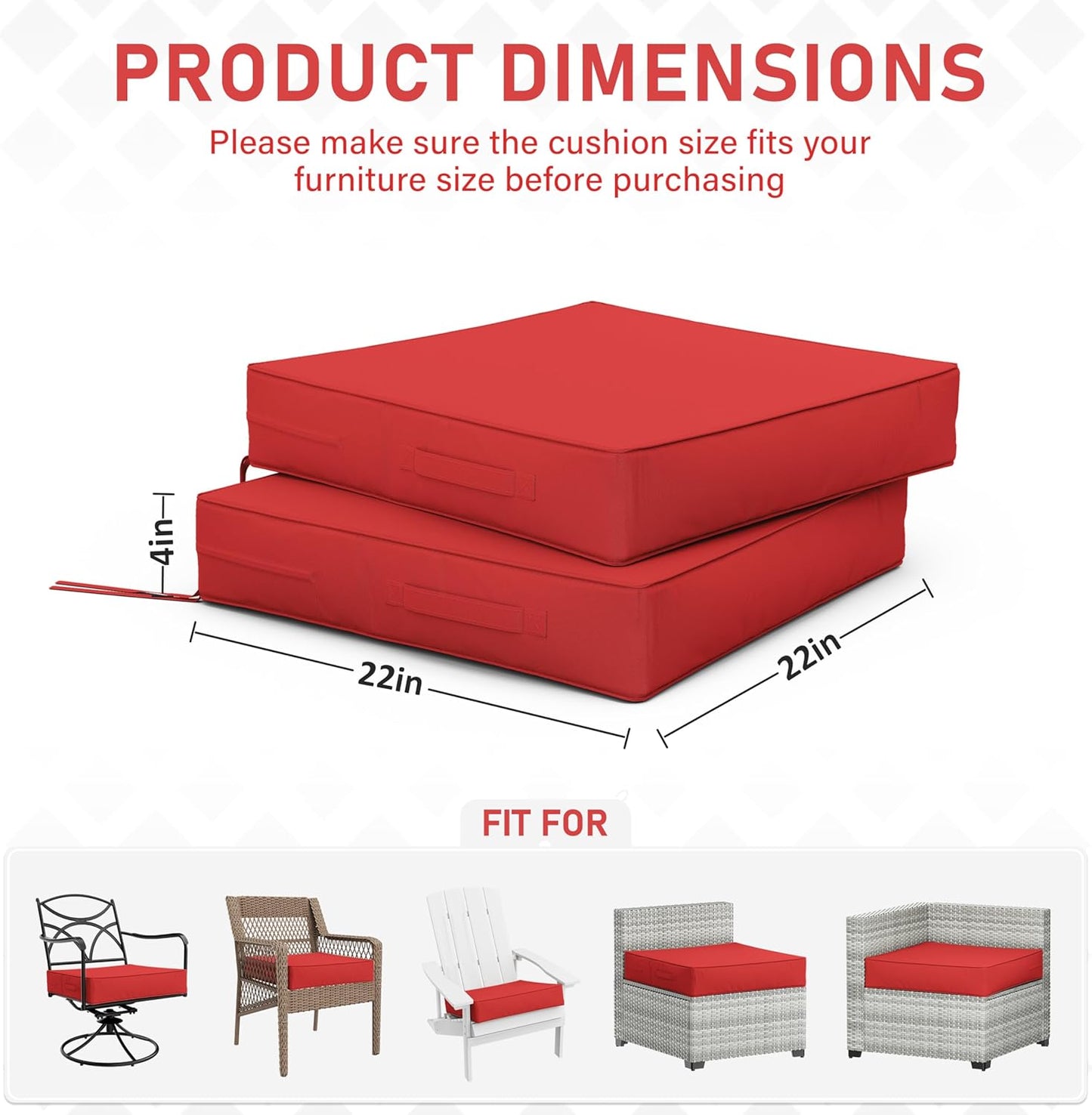 Patio Chair Cushions 22 X 22 X 4 Inch Waterproof Outdoor Seat Cushions for Patio Furniture, Outdoor Sofa Couch Pads with Ties & Handle, Set of 2, Red