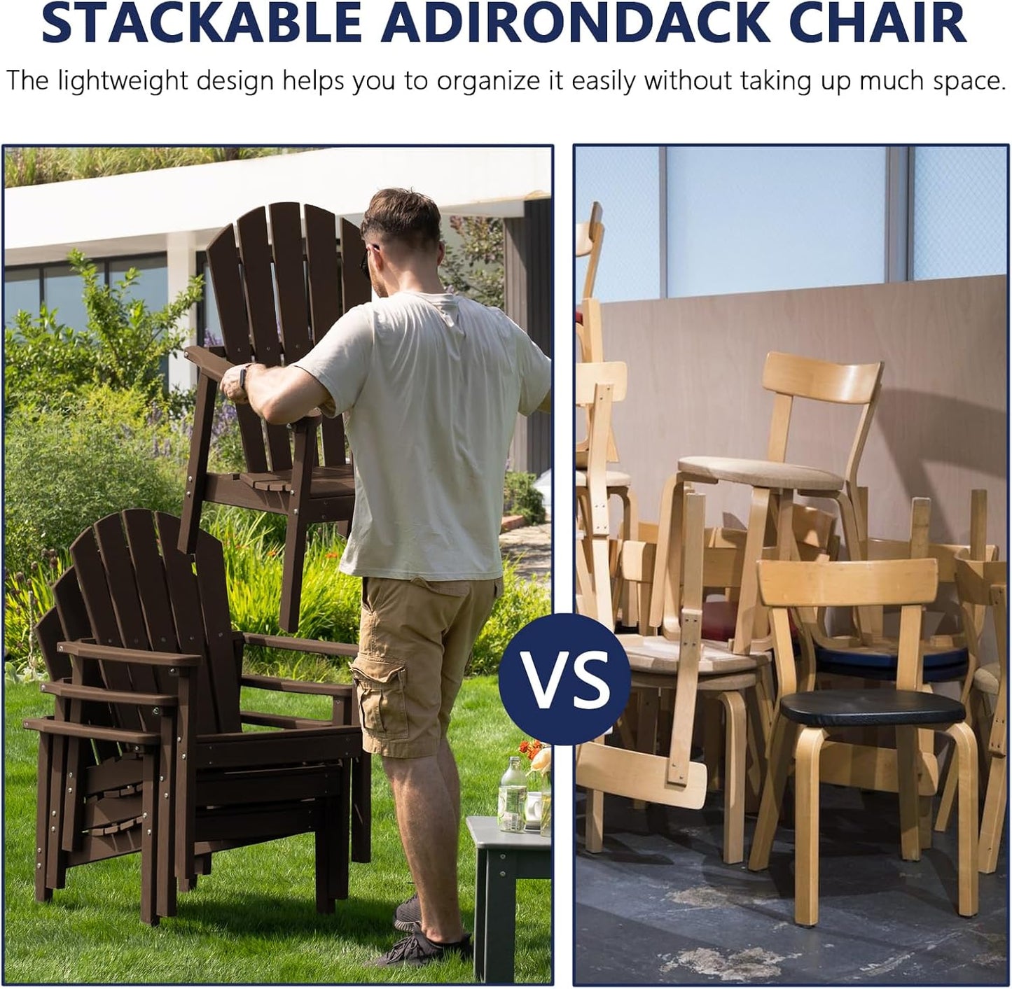 Stackable Adirondack Chair, HDPE Outdoor Patio Chair - Durable and Space Saving, Suitable for Porches, Lawns or Garden, Coffee