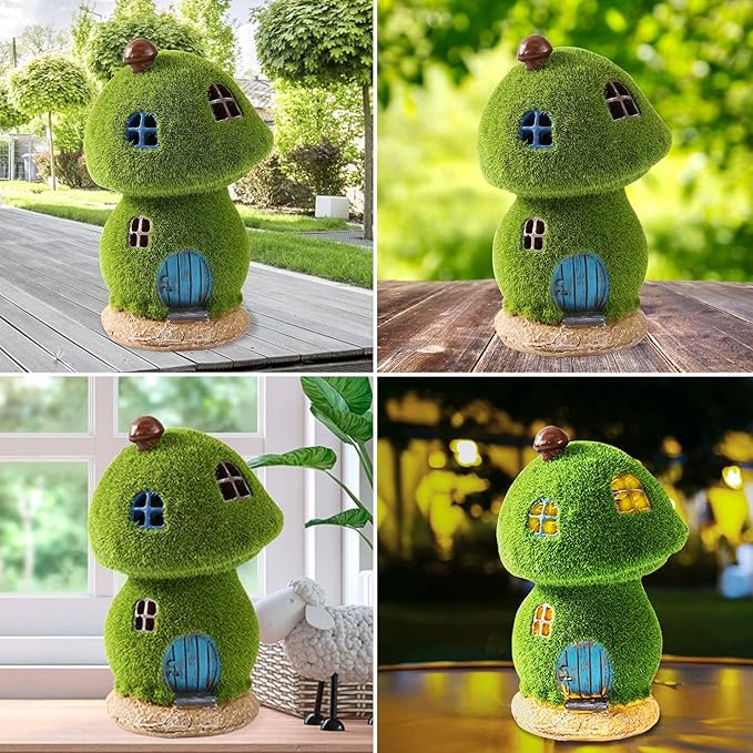 Mushroom Fairy House Decor - Figurine Lights Outdoor Solar Fairy Garden House for Patio Lawn Yard Ornaments, Housewarming Gift 7.4 inch
