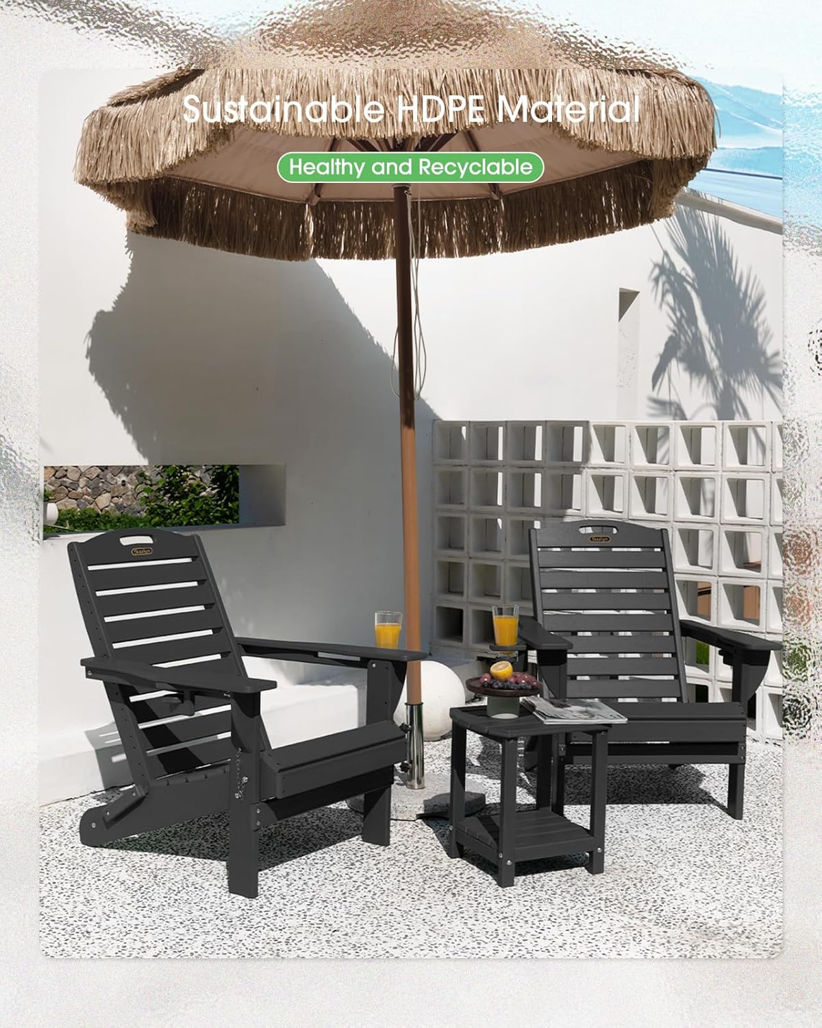 Adirondack Chairs Set of 2, Outdoor Fire Pit Chairs, HDPE All-Weather Adirondack Chairs with Cup Holder, Lawn Chair for Deck, Patio, Garden (Black)