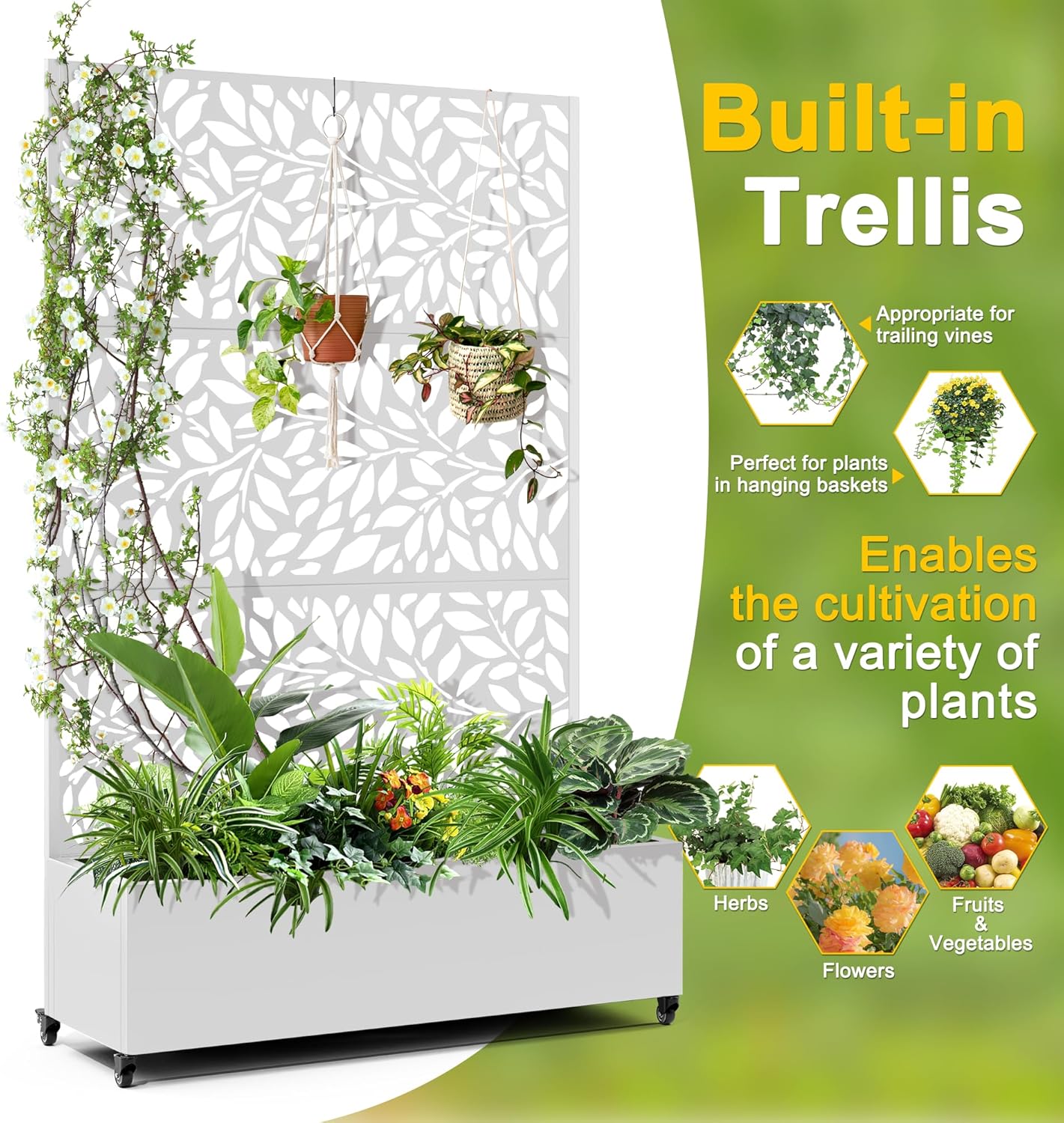 FENCY Metal Raised Garden Bed with Wheels and Trellis,73"x47"x16" Planter Box for Climbing Plants, Vegetables & Vines, Features Privacy Screen and Drainage Holes (White-Leaf-2)