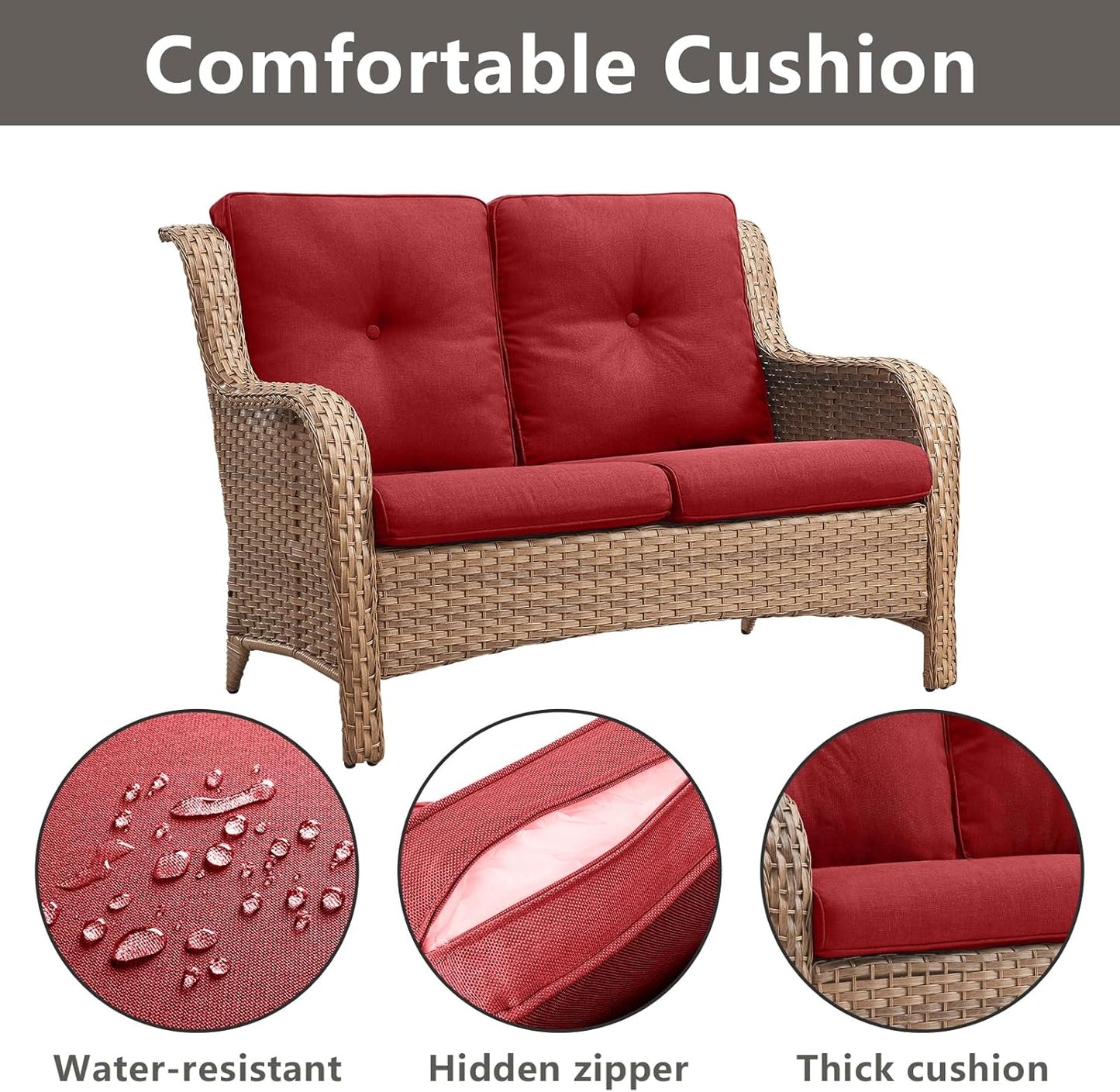 Outdoor Wicker Patio Furniture Set - 6 Piece Rattan Patio Conversation Set with 2 Rocking Swivel Chairs,2 Ottomans,1 Loveseat and 1 Side Table for Porch Deck Backyard Garden(Yellow/Red)