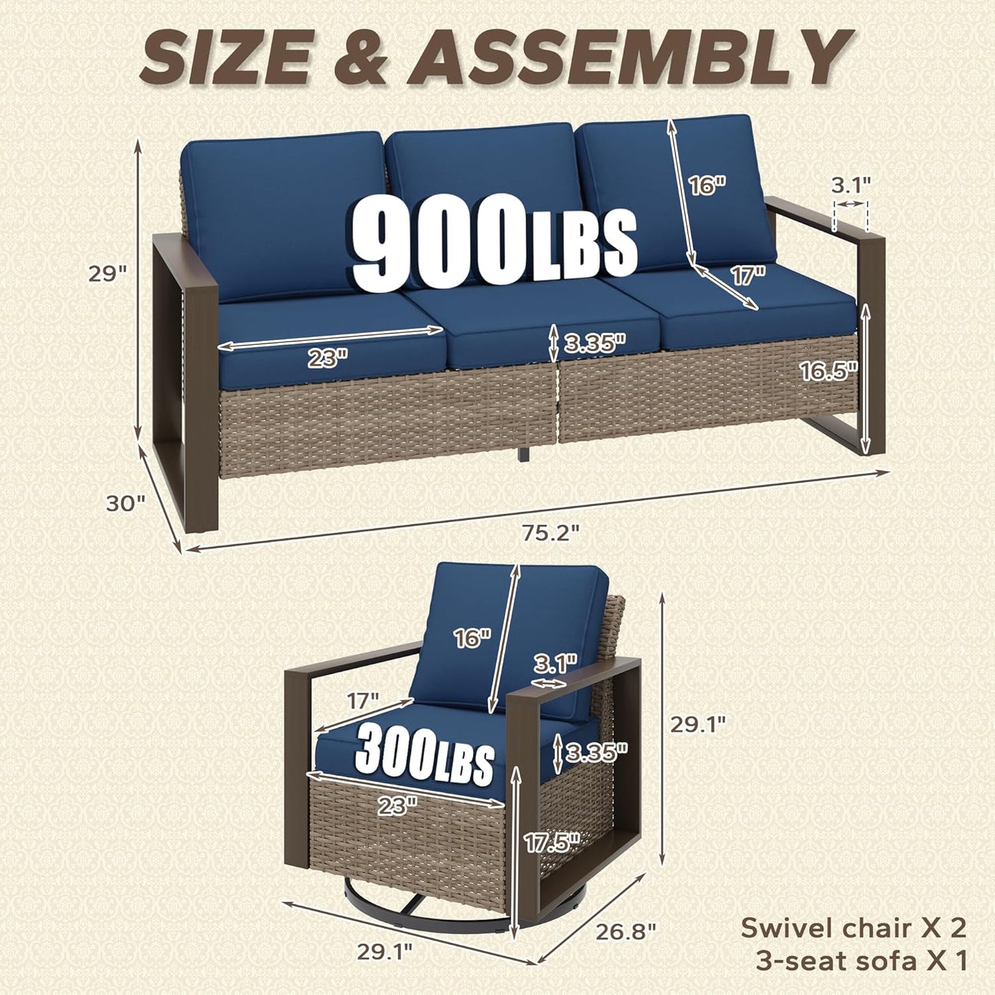 Wicker Patio 75" Sofa Set with 2 Swivel Chairs, All Weather Rattan Outdoor Conversation Furniture Set with Wood-Looking Metal Armrest & Removable Cushions for Backyard Porch, Dark Blue