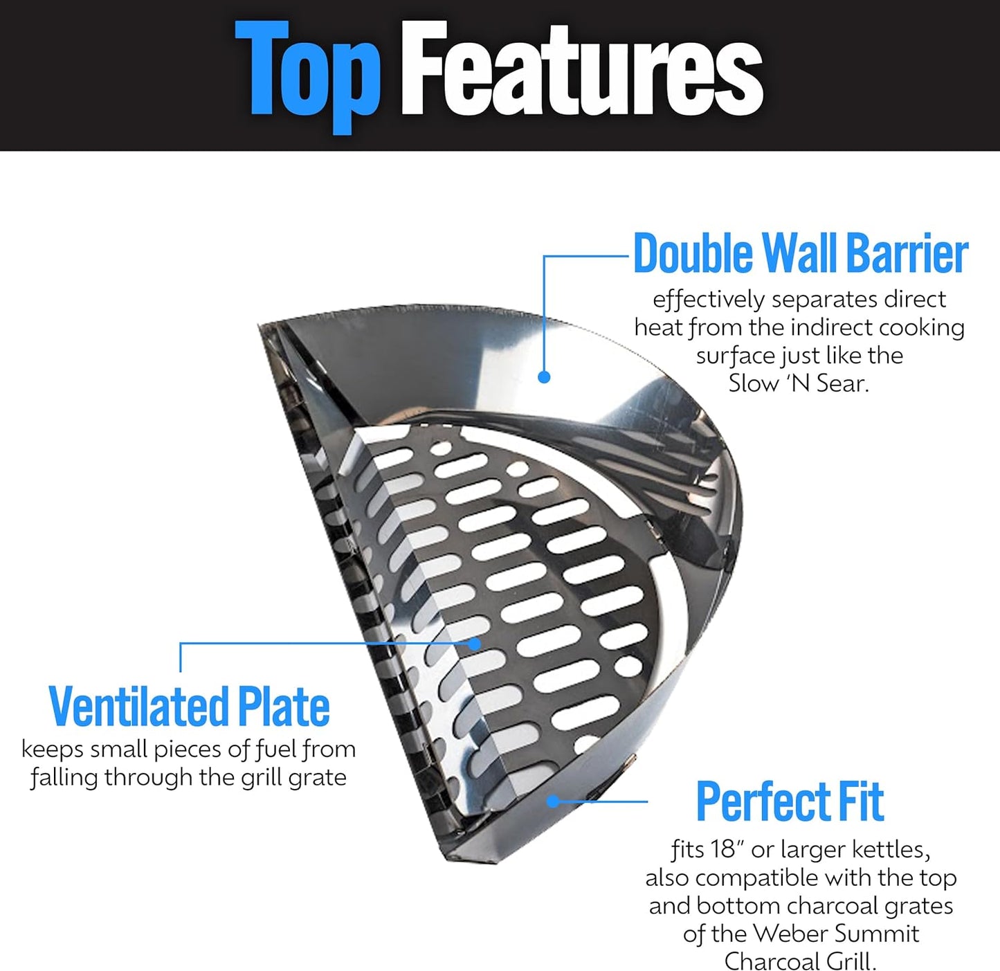 SnS Grills Slow ‘N Sear Charcoal Inserts for Low ‘N Slow & High-Heat Cooking - Patented Stainless Steel Accessories for Kettle Grills - Charcoal Basket 18"