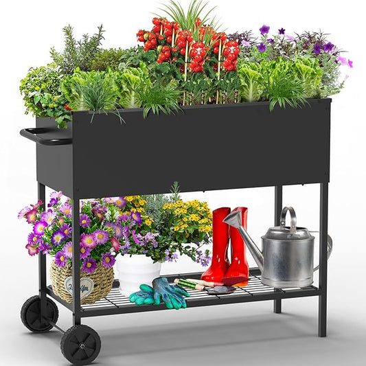 34 × 15 × 31 Inches Raised Garden Bed with Legs/Storage Shelf, Mobile Planter Box for Outdoor Plants, Elevated Garden Bed for Backyard, Balcony, Black
