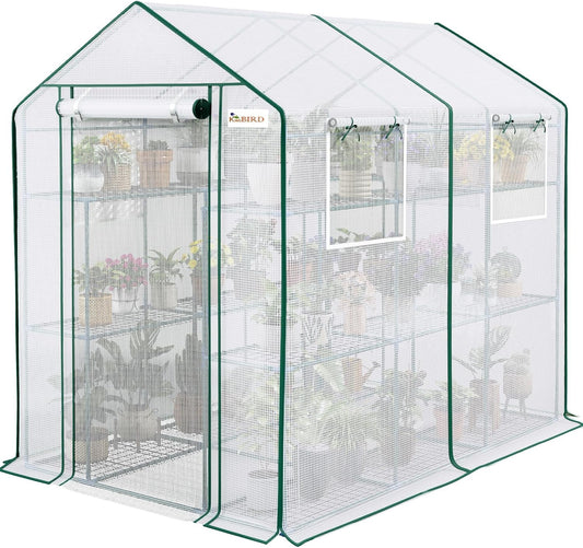 KING BIRD Premium Greenhouse for Outdoors, 84 x 56 x 77 Upgraded PE Cover & Steel Frame Walk in Hot House, w/ Zippered Screen Windows Mesh Door, 3 Tiers 20 Shelves for Outside Garden, White