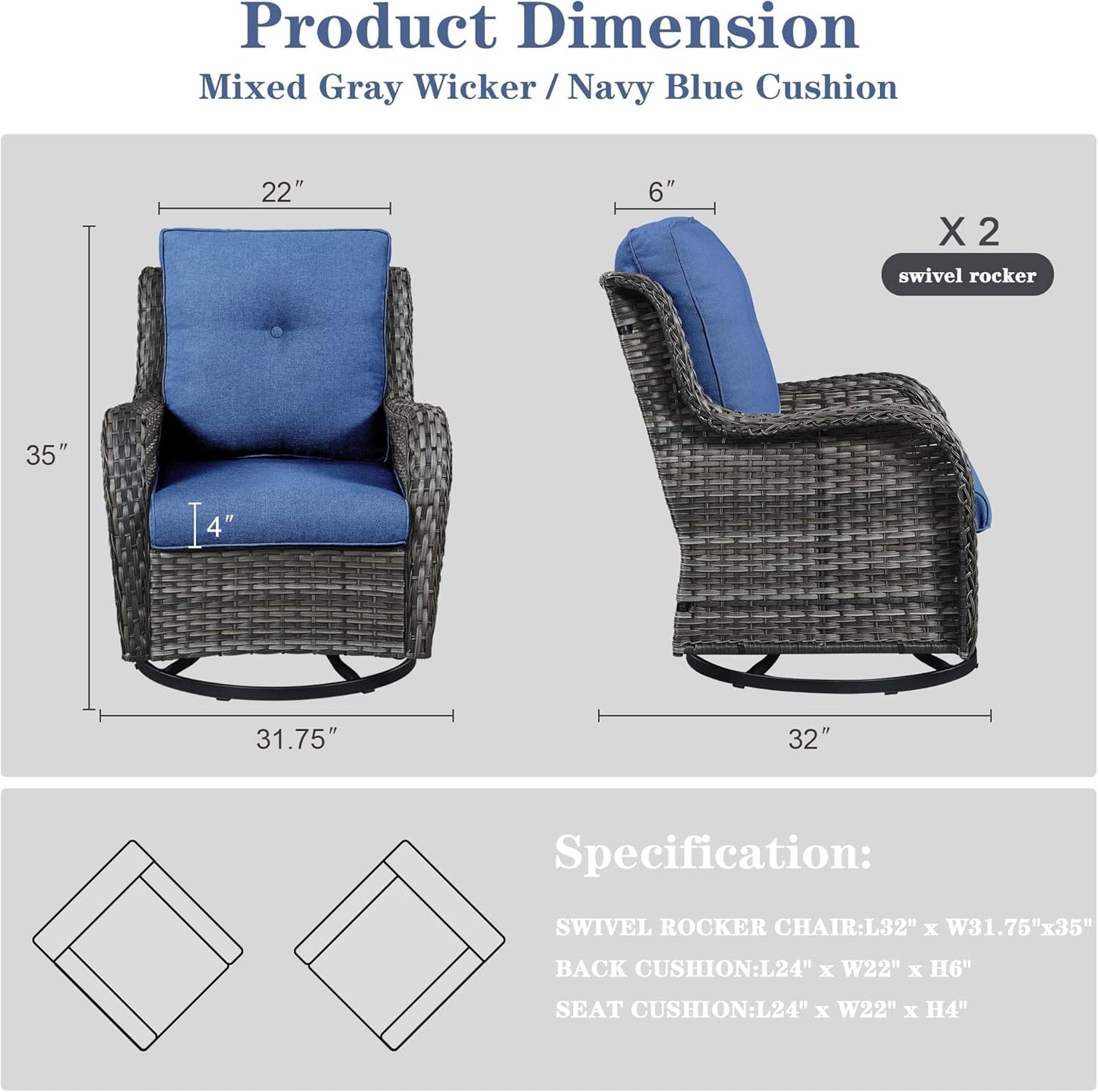 Outdoor Swivel Rcoker Patio Chairs - Outdoor Swivel Patio Chairs Set of 2 Wicker Chair Patio Furniture Sets with Covered Cushion for Porch Deck Balcony Garden, Blue