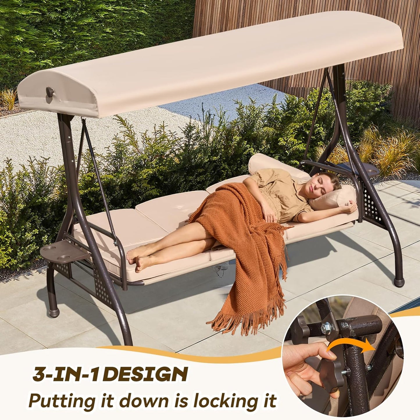 3 in 1 Outdoor Porch Swing with Adjustable Canopy, 3 Seat Outdoor Swing for Adults, Patio Swing Chair with Thickened Cushions,Pillows & Cup Holders for Backyard, Porch, Garden (Khaki)