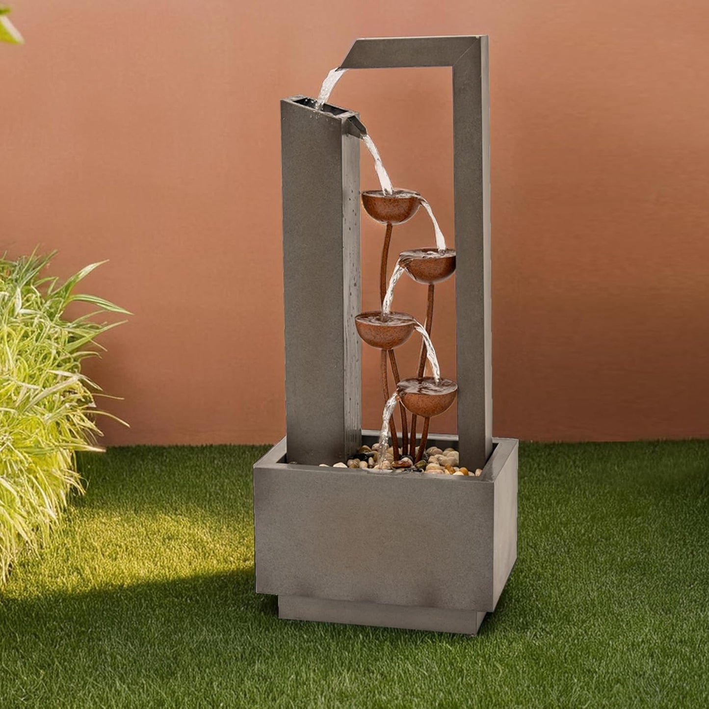 XBrand Freestanding Sculptural Metal Multi-Tiered Flower Water Fountain, No LED Lights, Gray and Bronze, 38" Tall