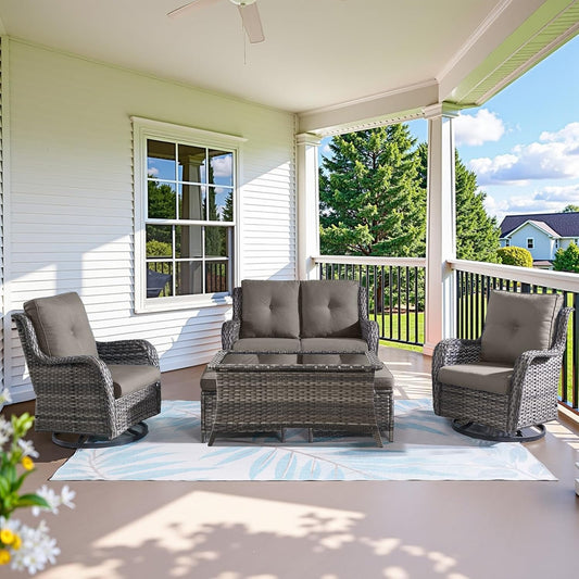 Wicker Outdoor Furniture Patio Furniture Set - 6 Piece Patio Conversation Set with Swivel Rocker Chairs, Loveseat Sofa, Ottomans and Coffee Table, Gray Cushion