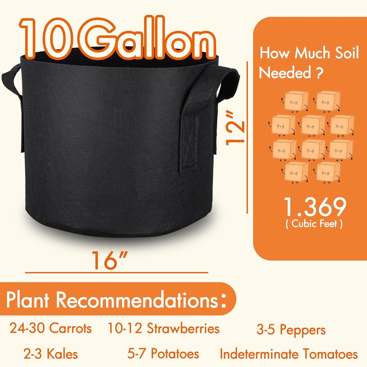 Gardzen 10-Pack 10 Gallon Grow Bags, 300G Thickened Aeration Fabric Pots with Handles, Heavy Duty Cloth Pots for Plants