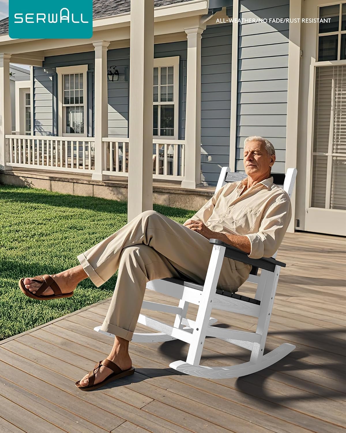 SERWALL Outdoor Rocking Chair Set of 2, HDPE Rocking Chairs for Adult, All Weather Porch Rockers for Lawn Garden, Gray & White